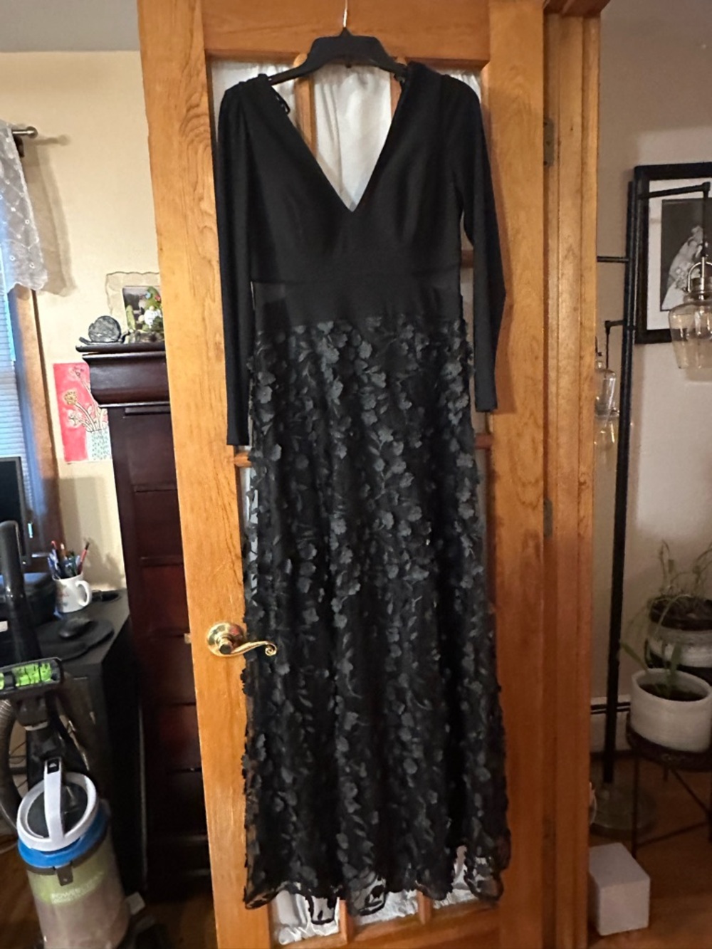 Xscape Black Long Sleeve V-Neck Floral Appliqué Maxi Dress